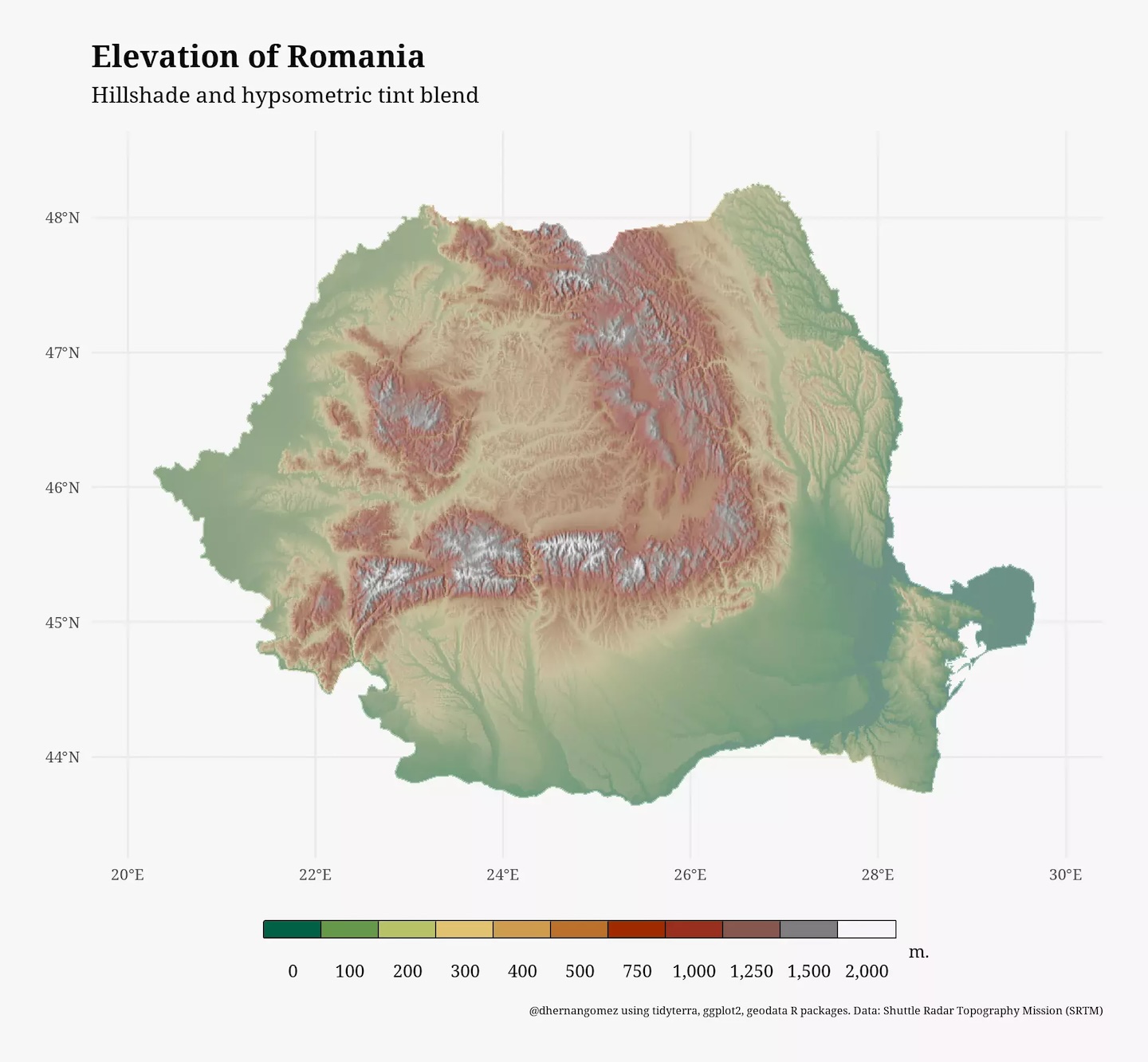 Elevation of Romania using tidyterra, ggplot2, and geodata R packages. From: https://dieghernan.github.io/202210_tidyterra-hillshade/